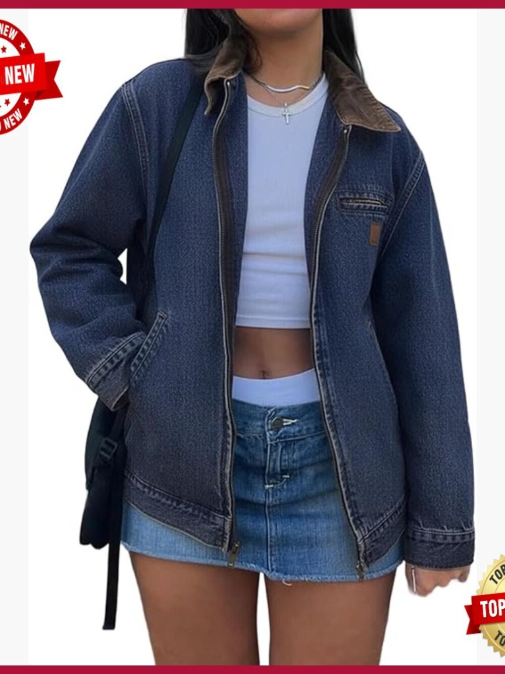 Denim Jacket Women's Zipper Casual Long Sleeve Cropped Fit